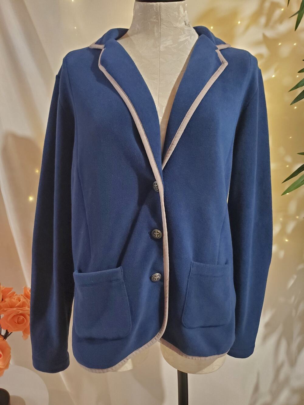 Lands End Nautical Fleece Blazer Jacket Womens Size M 10-12 Blue Anchor Buttons